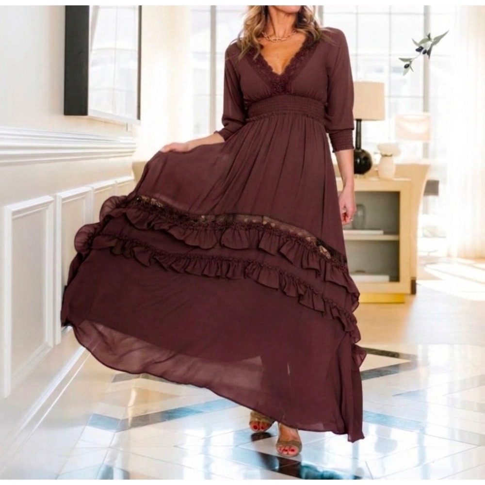 Baltic Born Pippa Maxi Dress XL Chocolate Brown Crochet Lace Tiered Ruffle Boho